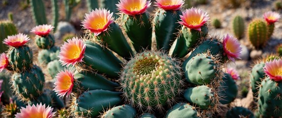 Vibrant Macro Shot of Blooming Cactus Flowers in Desert Landscape with Thorns and Succulent Greenery