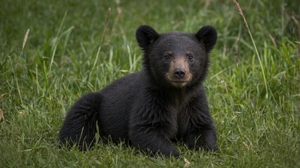 Fototapeta premium Curious Black Bear Cub Resting on Green Grass and Gazing at the Camera in a Natural Habitat Setting
