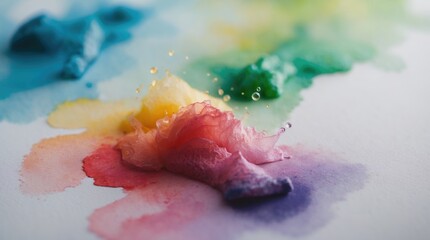 Fototapeta premium Vibrant watercolor blotches blending and blurring on textured paper creating an abstract artistic background for creative projects.