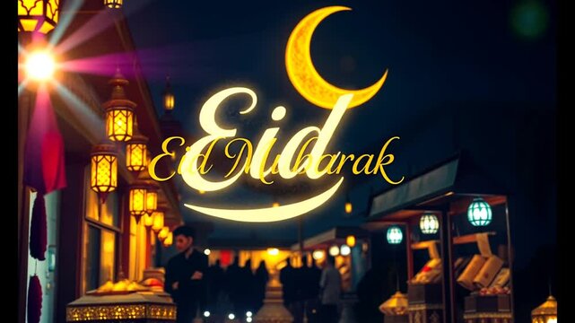 Eid Mubarak text, lanterns and traditional market atmosphere in arab during ramadan in the background. 4k video