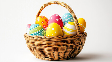 Colorful decorated eggs delight in a woven basket on Easter Sunday, celebrating spring and joyful traditions