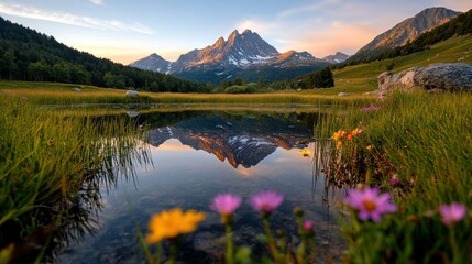 Obraz premium Mountain Reflection Pond Sunrise Meadow