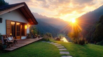 Naklejka premium Mountain chalet patio at sunset over lake