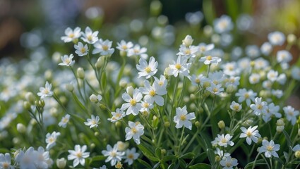 Delicate White Wildflowers Blooming Amidst Lush Green Foliage in a Garden Setting