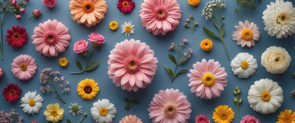 Fototapeta premium Vibrant Assortment of Colorful Flowers on Blue Background with Space for Text and Design Elements