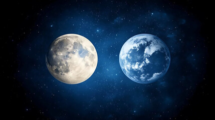 Fototapeta premium Earth and Moon Planetary View Space Scene Celestial Bodies in Deep Cosmos Exploration Concept Universe