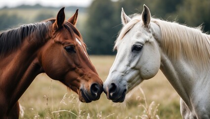 Fototapeta premium Horses in love touching noses in serene field environment symbolizing connection and harmony in nature.