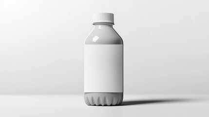a close up of gray plastic bottle with unprinted blank white label  isolated on the center of gray background