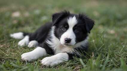 Fototapeta premium Playful Black And White Border Collie Puppy Relaxing on Lush Green Grass in Natural Outdoor Setting