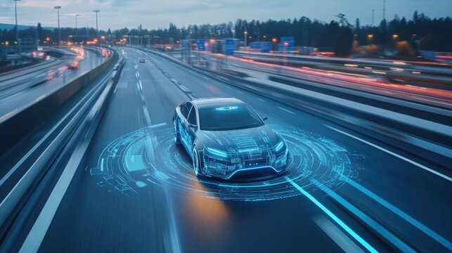 Autonomous Vehicle Driving on Highway at Night with Futuristic HUD Interface