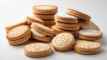 Assorted biscuits stacked on a white background showcasing textures and fillings ideal for dessert or snack-themed projects.