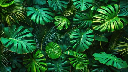 Vibrant green tropical leaves forming a lush texture background for nature and botanical themed designs.