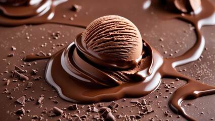 Chocolate ice cream scoop dripping in melted chocolate on a dark textured surface with chocolate shavings scattered around, Copy Space