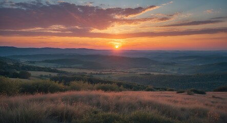 Obraz premium Stunning Sunset Over Rolling Hills With Vibrant Skies And Ample Space For Text Addition In Scenic Landscape