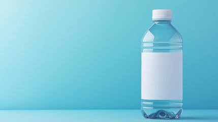 a close up of transparent plastic bottle with unprinted blank white label  isolated on the right  of blue  background
