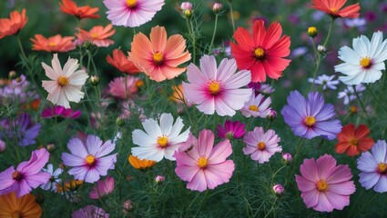 Vibrant Cosmos Flowers Blooming in Colorful Garden Setting