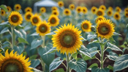 Fototapeta premium Vibrant Sunflower Field with Closeup of Blossoming Sunflowers Against Green Foliage in Natural Garden Setting.