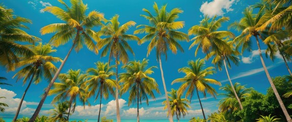 Obraz premium Tropical paradise with tall palm trees against a bright blue sky and scattered clouds Copy Space