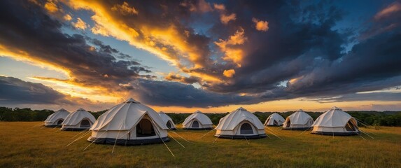 Glamping tents in a scenic landscape during sunset with dramatic clouds and open field in the background. Copy Space