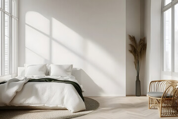 Minimalist bedroom interior with empty wall for mockup template in bright daylight. 3D Rendering