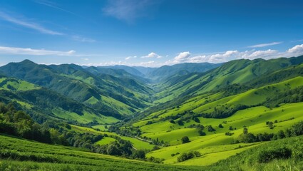 Obraz premium Vast green valley landscape with rolling mountains under clear blue sky and fluffy white clouds in day light Copy Space