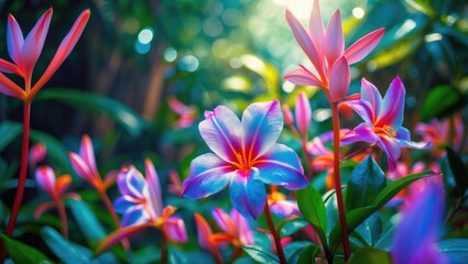 Fototapeta premium Vibrant Senggani Flower in Tropical Setting Surrounded by Lush Greenery and Soft Sunlight Creating a Serene Natural Atmosphere