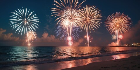 Vibrant Fireworks Display Over Relaxing Beach Scene with Clear Sky for Text Insert and Celebratory Atmosphere