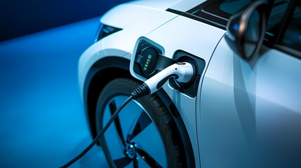 Electric car plugged into charging station in blue environment