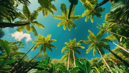 Tropical palm trees viewed from below against a clear blue sky with lush green foliage in the foreground and copy space available.