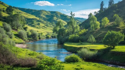 Obraz premium Tranquil River Flowing Through Lush Green Hills Surrounded By Trees Under A Clear Blue Sky In A Scenic Natural Landscape.