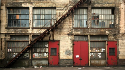 Rusty fire escape leading to old factory building with red doors
