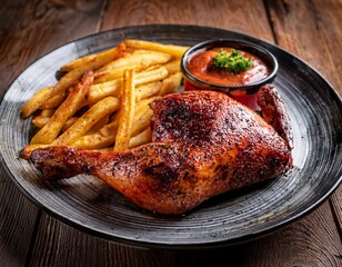 half roasted chicken piri piri with french fries