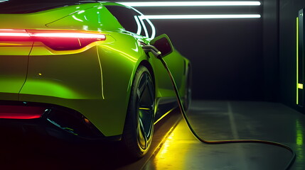 Naklejka premium Green electric car charging at station in dark garage
