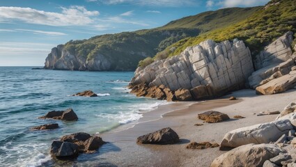 Serene Rocky Beach with Turquoise Waters and Lush Green Hills near a Coastal Island Landscape