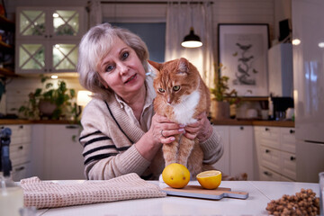 a woman sits at the table in the kitchen and plays with a ginger cat
