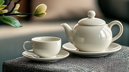 Fototapeta premium White teapot, teacup, saucer, cozy home setting, relaxation