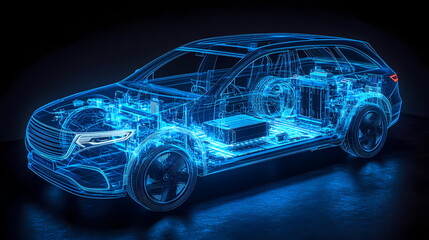 Electric suv showing battery and engine in wireframe style on dark background