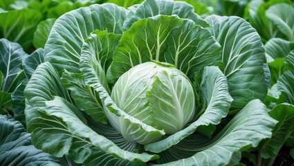 Obraz premium Fresh green cabbage with large leafy layers in a natural setting, showcasing detailed leaf patterns and texture, Copy Space