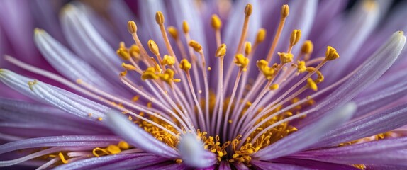 Obraz premium Macro close-up of vibrant purple flower with detailed yellow stamens and soft petals with Copy Space