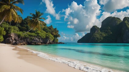 Fototapeta premium Tranquil Tropical Beach with Clear Waters and Lush Greenery Under a Blue Sky with Fluffy Clouds