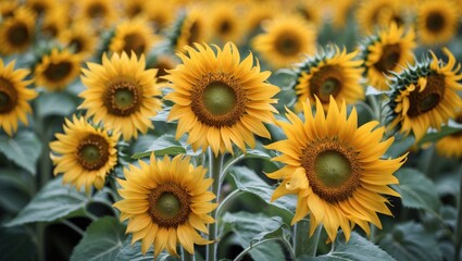 Vibrant Sunflower Field with Blooming Yellow Petals in Full Sunlight and Lush Green Leaves