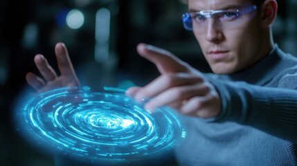 Focused Young Man Interacting with Futuristic Blue Holographic Interface