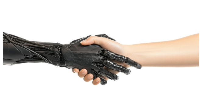 a human hand and a robot hand isolated on a transparent background
