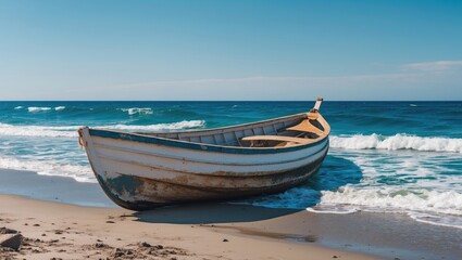 Fototapeta premium Rowboat stranded on sandy beach with gentle waves in background under clear blue sky Copy Space