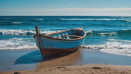 Fototapeta premium Abandoned wooden boat on sandy beach with ocean waves and clear sky during daytime Copy Space