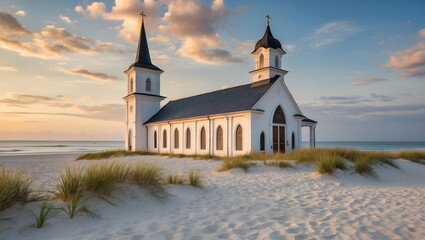Naklejka premium Charming Beachfront Church Surrounded by Seagrass Against a Tranquil Sunset Sky