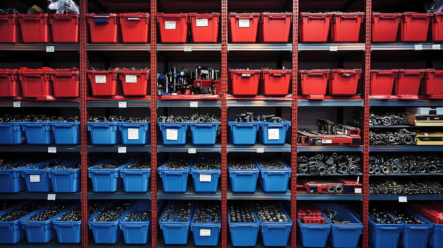 Warehouse organizing small metal parts in red and blue plastic bins