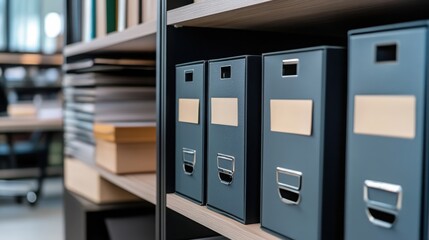 Organized Office Files Blue Filing Boxes on Shelf Efficient Storage Workspace Organization