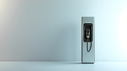 Electric vehicle charging station stands ready against wall