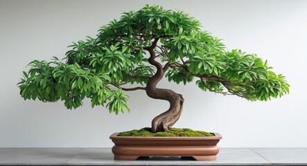 Ornamental bonsai tree with lush green foliage in elegant ceramic pot on a minimalistic background showcasing intricate artistry and topiary design.